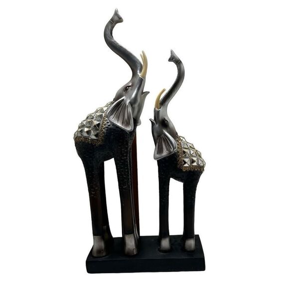 Vintage Mother & Baby Elephant Statue 17"x 7.5" Silver Gold-tone Metal & Wood - Picture 3 of 13